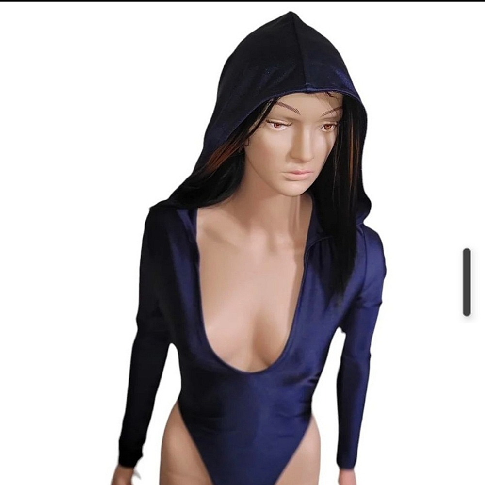 Navy blue, one-piece hooded thong swimsuit. - Picture 2 of 3
